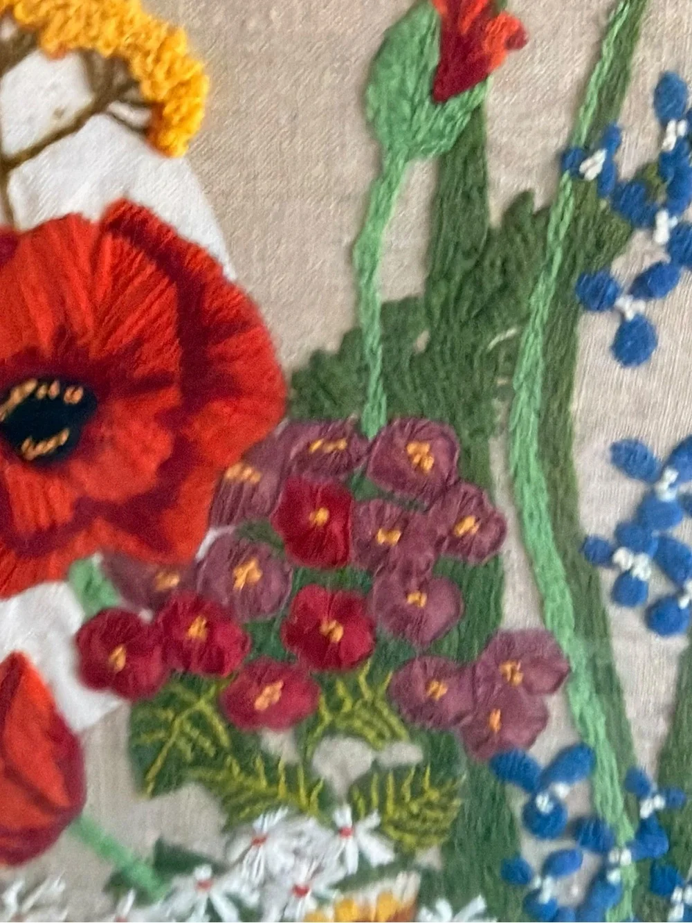 Vintage Crewel Embroidery Flowers Glass Framed Wall Art